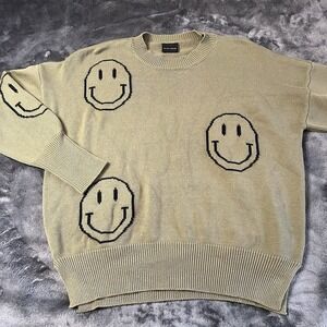 Miou Muse Smiley Face Sweater Size Lqrge Green Crew Neck Sweater Women's